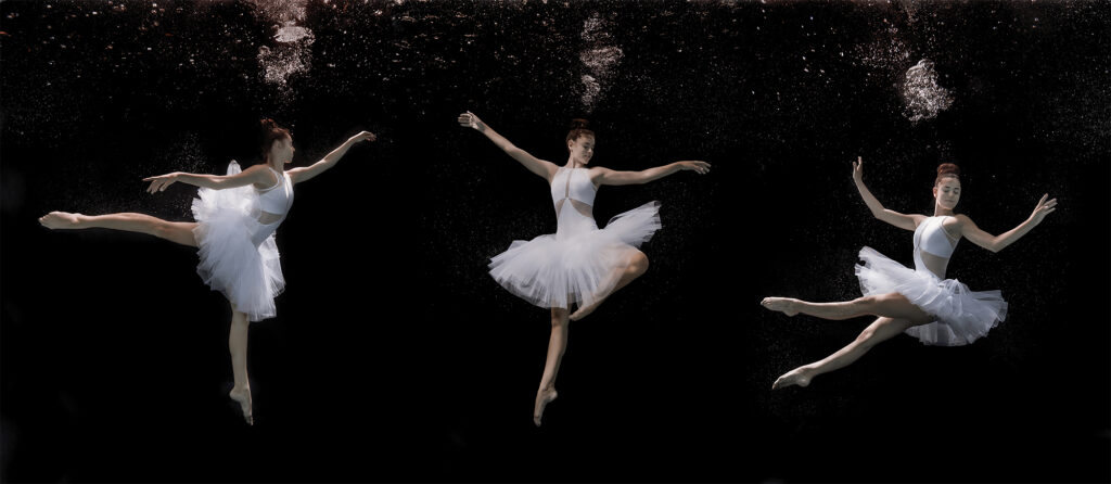triptych of a ballet dancer dancing underwater, wearing a white tutu, black background, lots of bubbles
